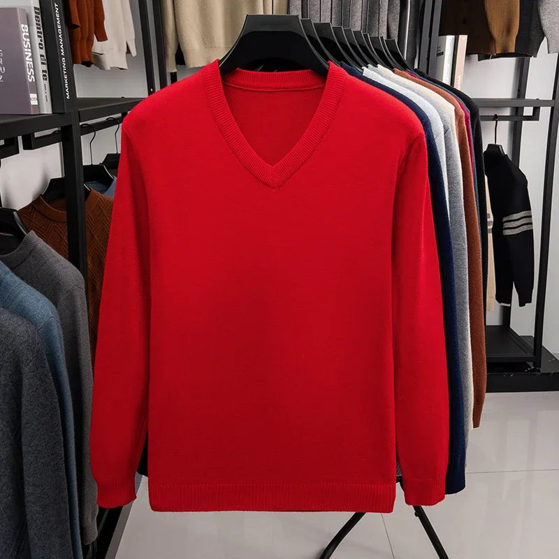 2026 Men's V-Neck Basic Solid Color Sweatshirt Warm Autumn Knitted Oversize Pullover Elastic round Neck Sweater for Casual Wear BAZAARHUBO