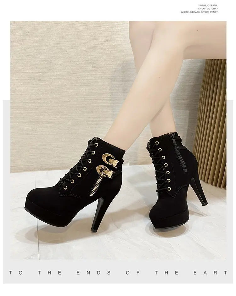 Women High Heels Stiletto Ankle Boots 2025 Autumn Fashion Lace-up Side Zipper Boots Female Platform Solid Color Short Booties