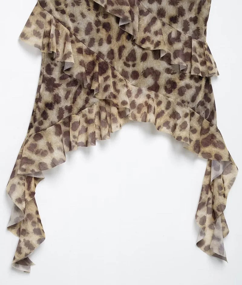 MUJER Print Ruffle Tulle Top Women Leopard Backless Tops Woman 2025 Summer Camisole Beach Top Female Sleeveless Tops for Women