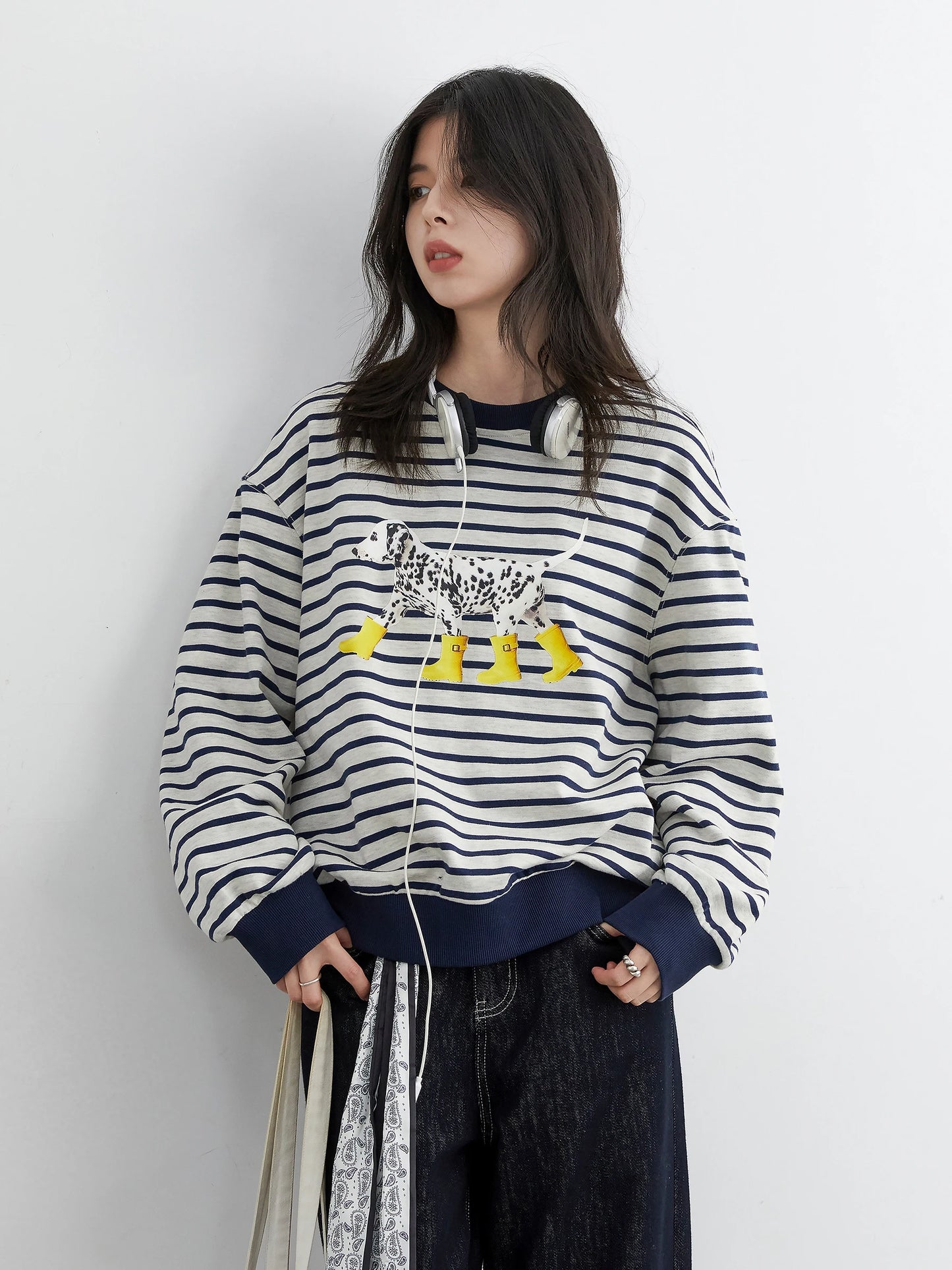 CHIC VEN New Women T-Shirts Loose Casual Round Neck Striped Dog Print Long Sleeved Female Tees Pullover Autumn Winter 2025