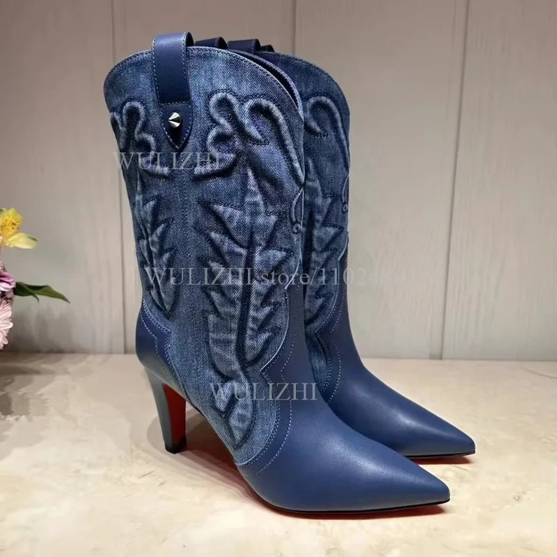 Denim Blue Totem Calf Boots Women Pointed Stilettos Red Heels Winter Zipper Casual Weave Office Lady Luxury Design Graffiti Shoe