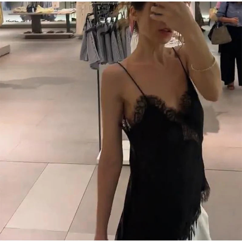 Lace Spliced Square Neck Spaghetti Strap Blouse Loose Fit Cropped 2026 Summer Women Chiffon Top Causal Delicate Lady Blusa