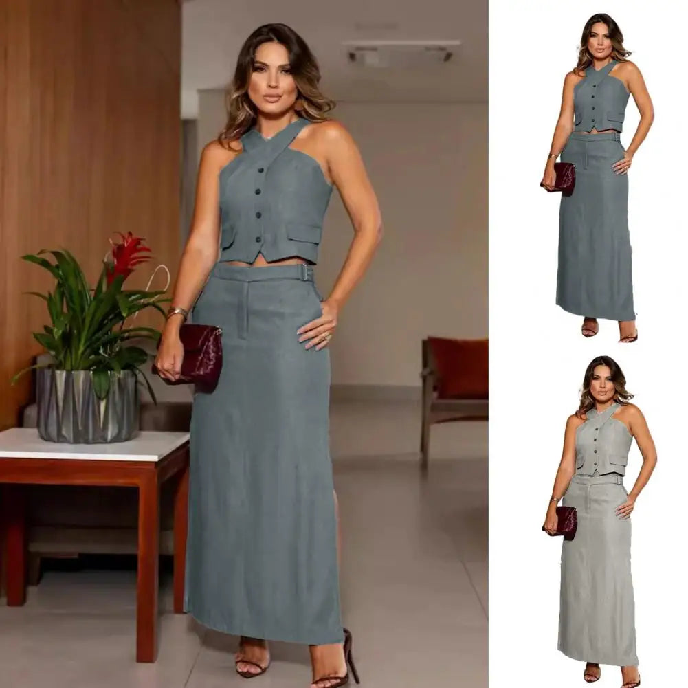 2 Pcs/Set Women Vest Skirt Set Cross Halter Neck Two Pieces Sets Suit Vest Top High Waist Side Split Maxi Skirt Set