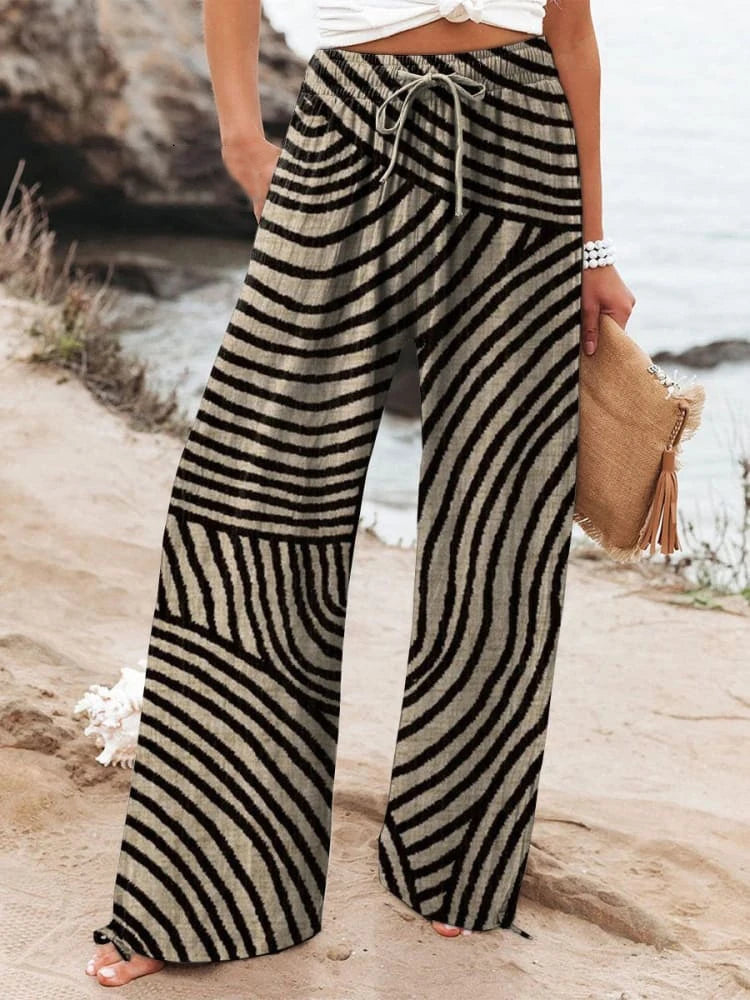 2025 New Women's Drawstring Relaxed-Fit Casual Pants 3D Floral Print Comfortable Breathable Fashionable Wide-Leg Pants