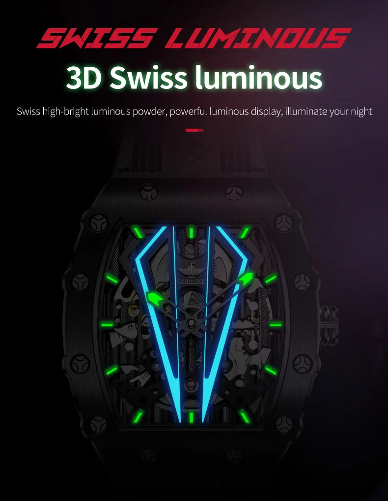 OUPINKE 3179 Automatic Watches for Man Silicone Strap Sapphire Mirror Waterproof Skeleton Tonneau Mechanical Men's Wristwatches