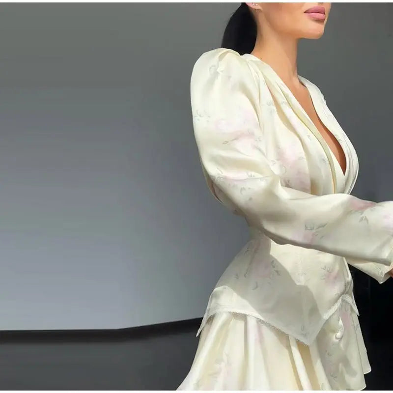 Elegant Women's Printed Waistband Short Dress Deep V-neck Long Puff Sleeve Pleated Dresses 2026 Summer Lady Holiday Party Robe
