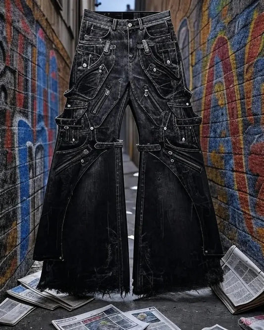 Streetwear Goth Punk Multi-Pocket Cargo Jeans Mens Black Distressed Flared Denim Pants with Straps Zippers Studs  Frayed Edges