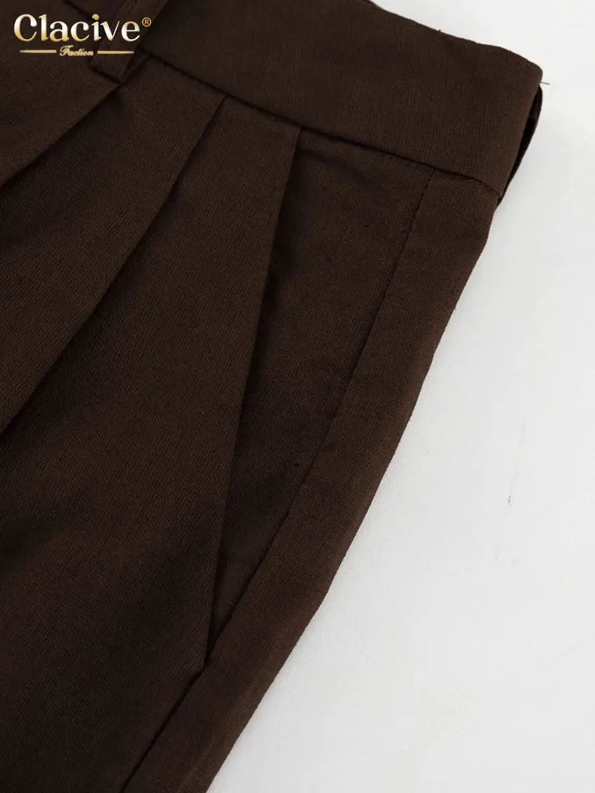 Clacive Summer Slim Brown Linen Pants Set 2 Piece Woman Fashion Sleeveless Tank Top With High Waist Wide Trousers Suits Female BAZAARHUBO