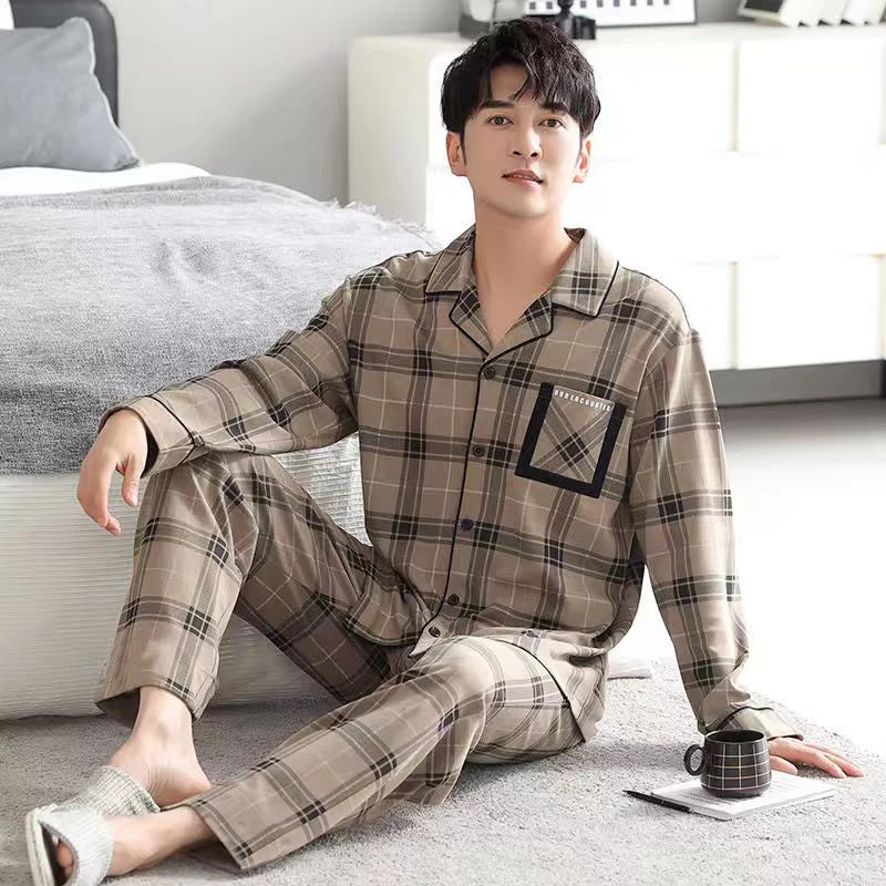 Pajamas for Men Spring and Autumn Long-Sleeved Young Men's Simple Casual Lapel Autumn and Winter Home Wear Set