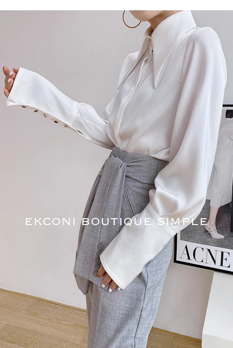 Stylish Elegant Turn Down Collar White Long Sleeve Satin Shirts Fashion Woman Vintage Blouse 2024 Office Lady Tops Blusas 16946