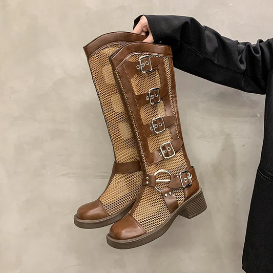 Women's Fashion Cool Boots Summer New Round Head Patchwork Mesh Rivets Metal Buckle Back Zipper Soft Soled Mid-heel Shoes