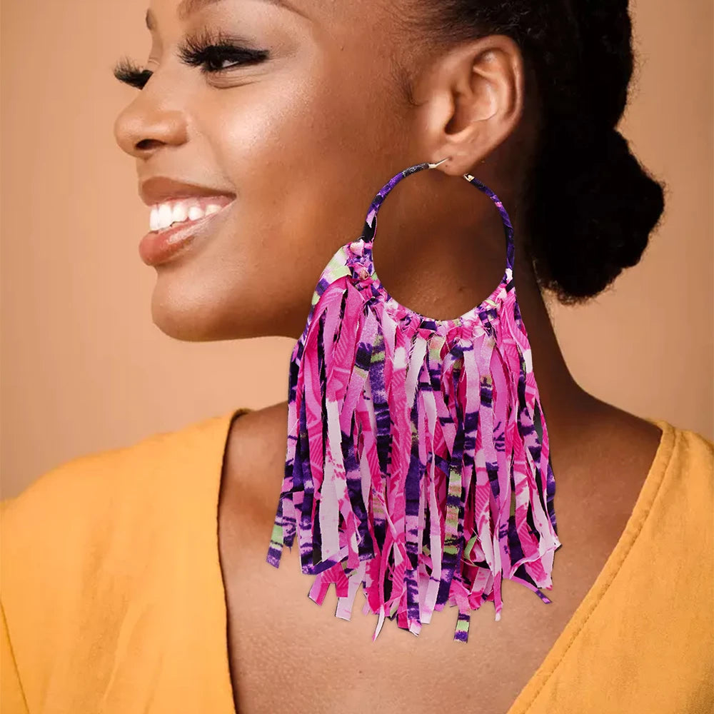 African Fabric Earrings Handmade Drop Tassels Earrings For Women Ethnic African Print Ankara Big Oversized Earings Daily Wear