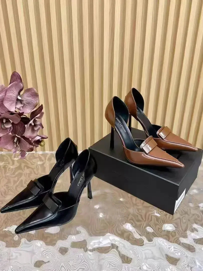 10cm Metal Blade Pointed Toe Stiletto Heels Pumps Coffee Brown Retro Fashion Dress Shoes Woman Thin High Heels Designer