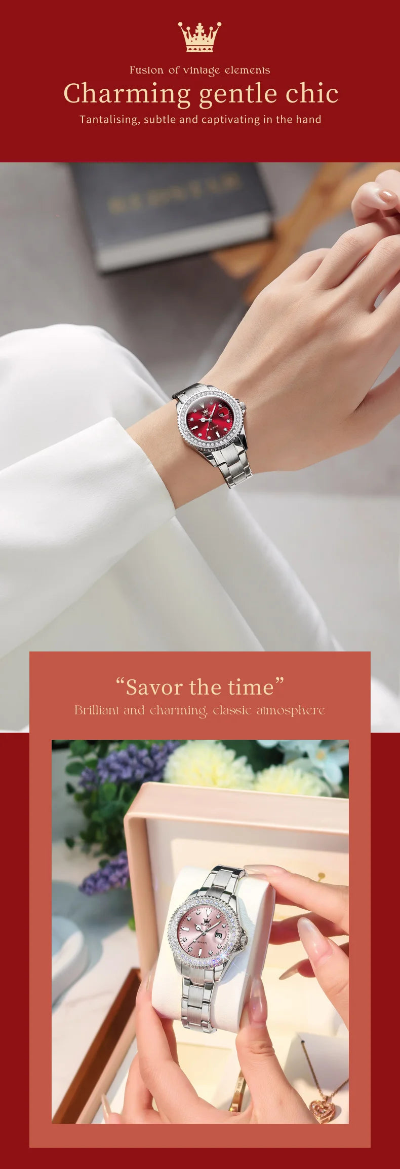OLEVS New Elegant Women Wristwatch Waterproof Luminous Calendar Ladies Watch Stainless Steel Red Quartz Women's Watches Female