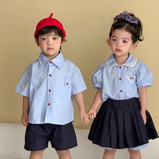2026 Summer New Children Casual Clothes Set College Style Brother Sister Clothing Outfits Boys Girls Shirts + Shorts 2pcs Suit