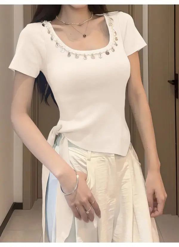 Short-sleeved Women's Top Bestseller 2025 New French Stylish Design Slimming and Flattering, Popular Online Clothing