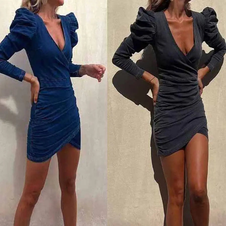Europe and American New Fashion Women's Casual Trendy Skinny Grey Dark Blue Jean Dress Short Sleeve Sexy Hot Denim Dress Female