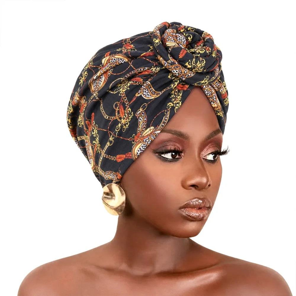 Fashion African Print Hijab Caps Pleated Wrap Twist Knot Turban Hat Elastic Knotted Style Floral Head Wrap All Match Decor