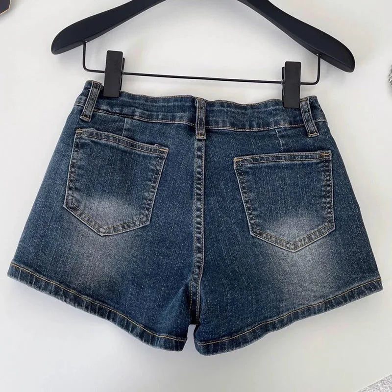 American Style Retro Blue Denim Shorts Women Summer Slim Fit Elastic Low-Waisted Jean Shorts Sexy Package Hip Tight Shorts Jeans