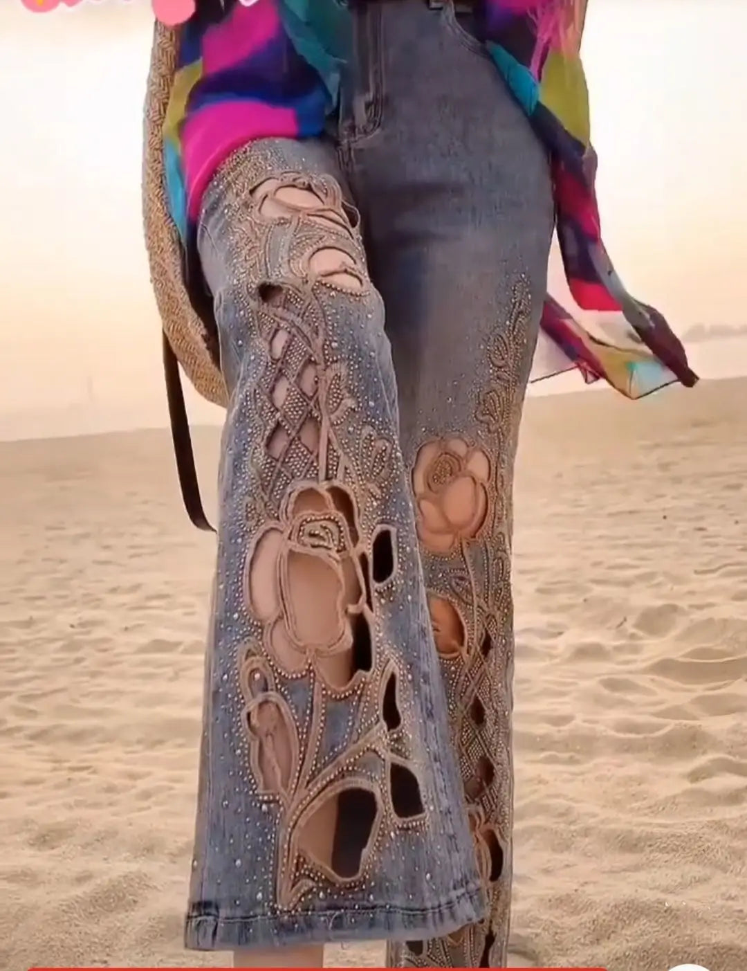 2025 Summer Women New Heavy Industry Hollow Embroidered Jeans Women High Waist Skinny Fashion Versatile Nine-Point Flared Pants