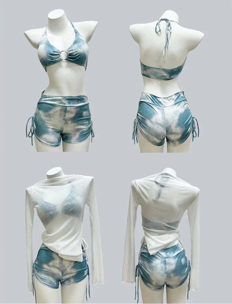 Women's 3-Piece Bikini Set White Off-Shoulder Long Sleeve Cover Up Blue Ombre Tie Side Shorts Summer Beach Bathing Suit Swimwear