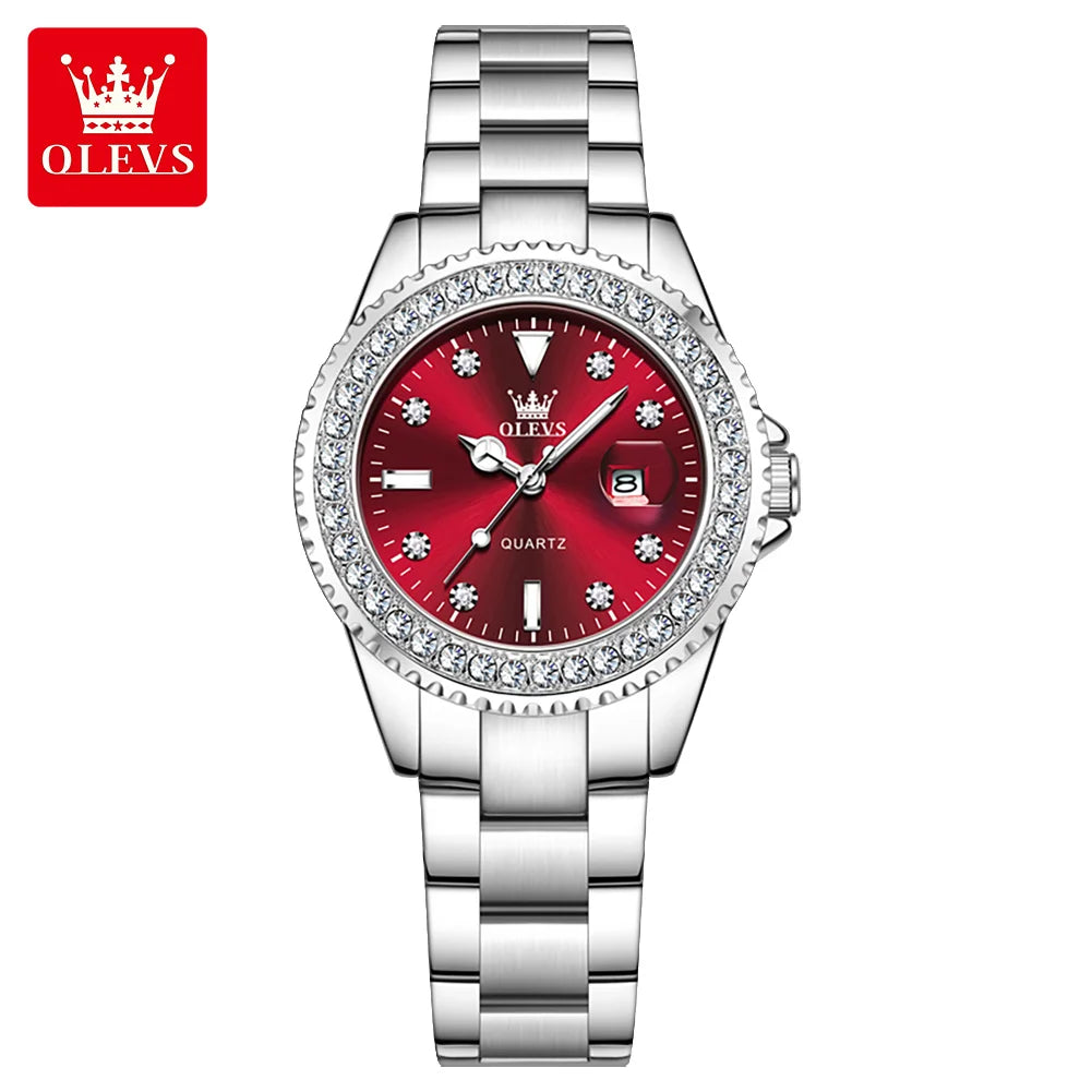 OLEVS New Elegant Women Wristwatch Waterproof Luminous Calendar Ladies Watch Stainless Steel Red Quartz Women's Watches Female