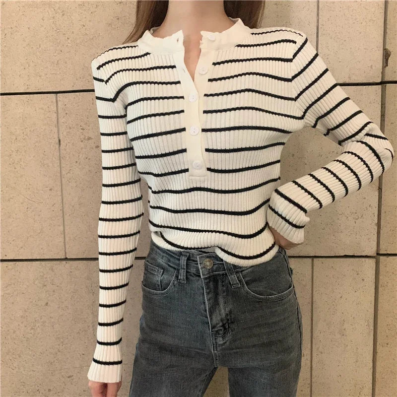 ITOOLIN Women Stripes O-neck Buttoned Up Sweaters Long Sleeve Knitted Sweater Slim Women Jumpers Tops Autumn Winter One Size