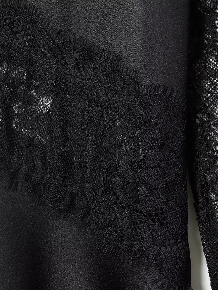 Lace Patchwork Long Evening Dress With Sheer Sleeves For Women Clubwear