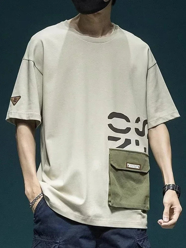 Summer Men's Short Sleeve Letter Printed T-shirt With Cargo Pocket Casual Cotton O-Neck Tops Y2K Streetwear Oversized Tee Shirts