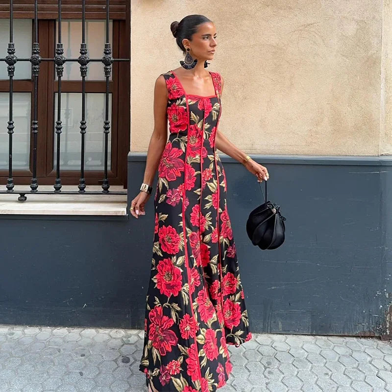 Sexy Printed Flower Long Women's Dress Sleeveless Waist-Closed Slash Neck Lady Dresses Summer Sling Vacation Holiday Robe