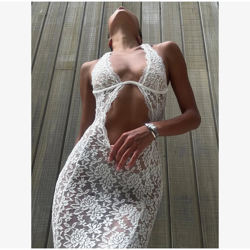 Solid Lace Halter Maxi Dress Sexy Cutout Waist Sheer Slim Fit Fishtail Long Gowns Women's Summer Evening Party Robes 2026 New