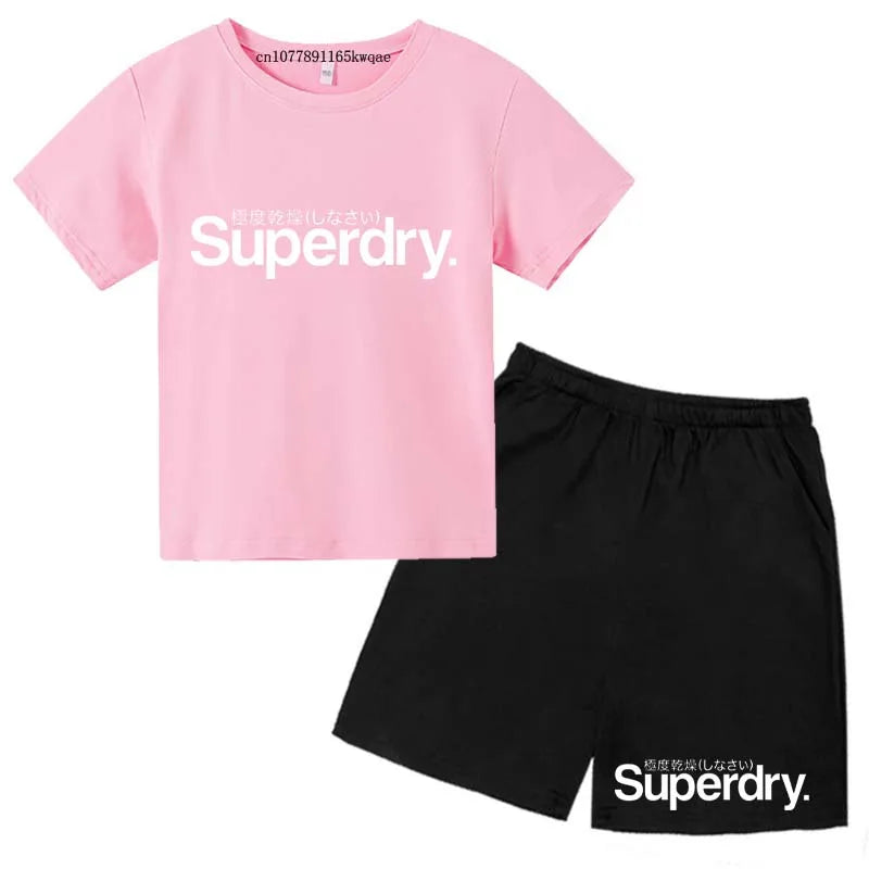 Kids Summer Casual Letter Print Breathable Tees+Short Pants 2pcs Suits 2-13 Years Boys Girls Fashion Outfits Children Clothes