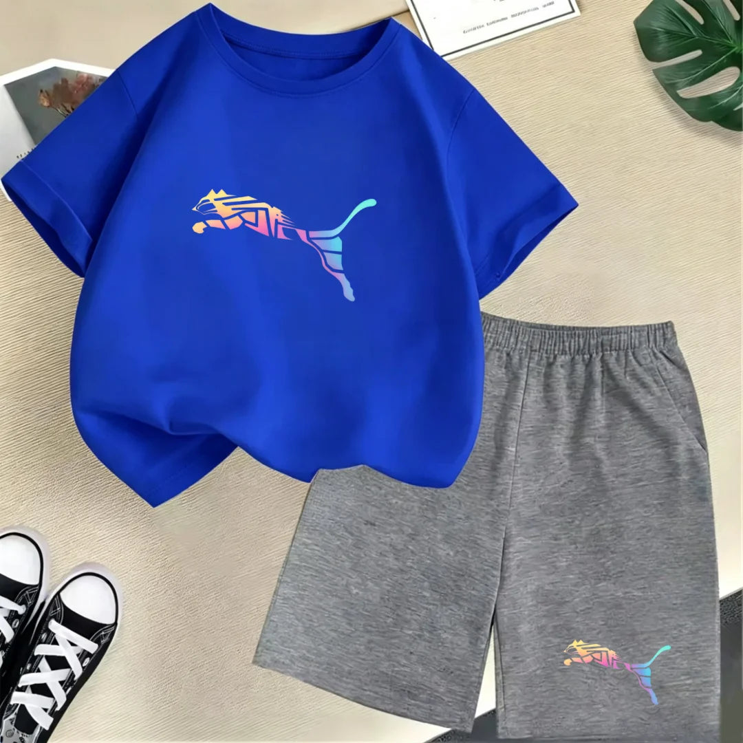 Kids Summer Casual Round Neck T-shirt Colorful Gradation Animals Boy Girl3-12Yrs Short-Sleeved+Shorts Fashion Sports Clothes Set