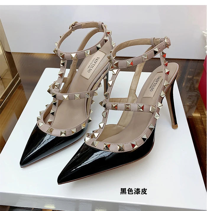 Nude Women's Gladiator sandals Summer 2025 Luxury With Ankle Strap Pointed Toe Fashion Rivet High Heels Party Ladies Shoes Women