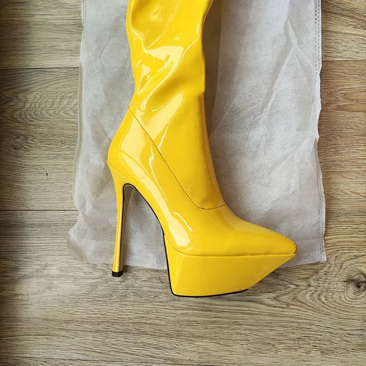 New Women Knee High Boots Patent Leather Pointed 15cm High Heels Winter Short Plush Waterproof Platform Girl Boots Large 34-45
