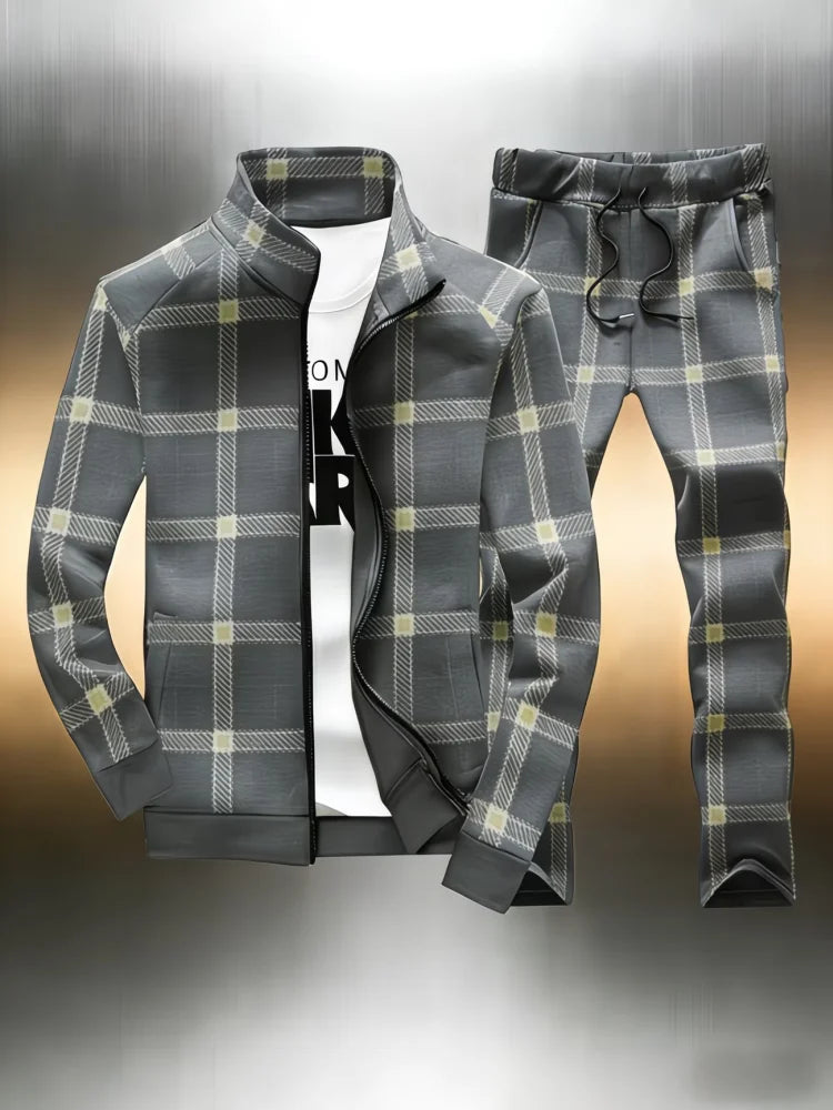 Men's Plaid Tracksuit 2 Piece Set Office Man Stand Collar Full Zip Jacket + Jogger Pants Casual Sportswear Outfit Male Clothings