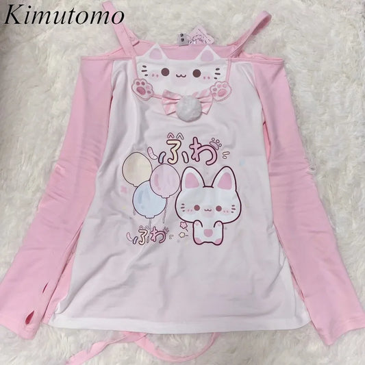 Kimutomo Women T Shirts Cartoon Printed Slim Sweet Off Shoulder Slash Neck Patchwork Long Sleeve Y2k Aesthetic Tops Harajuku