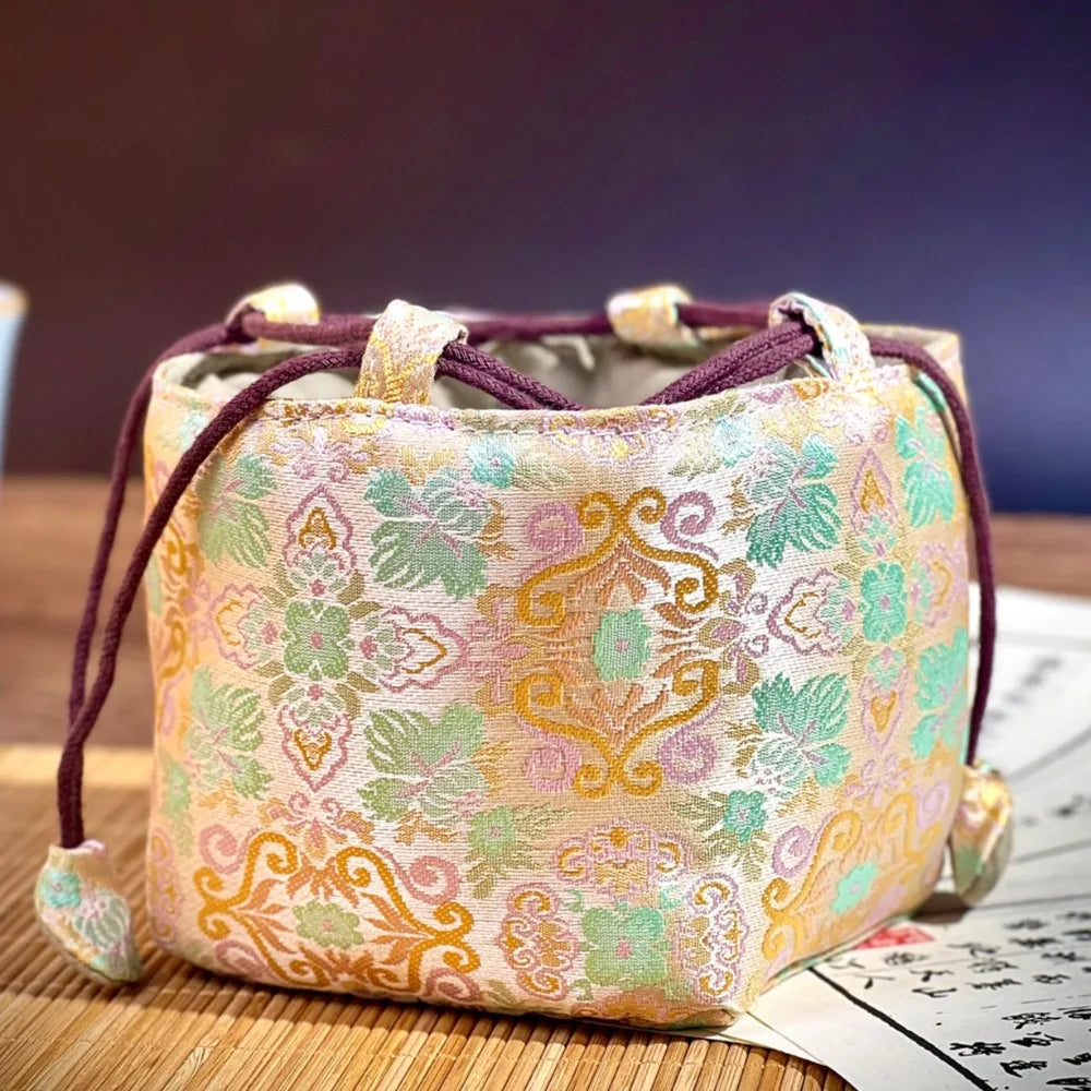 Chinese Style Tea Set Organizer Bag Embroidered Breakage-proof Teacup Drawstring Cloth Pouch Tea Ceremony Accessories