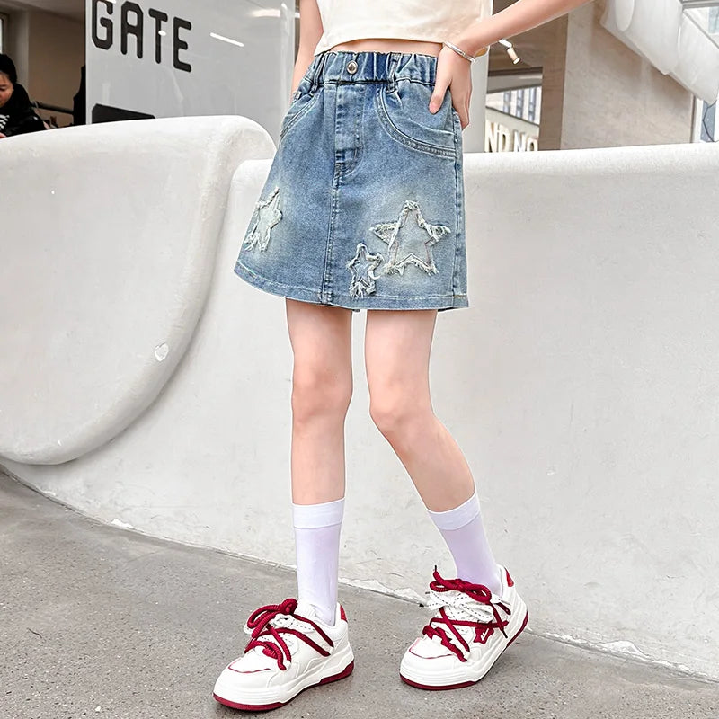 Trendy and Stylish Five-Pointed Star Denim Skirt Pants Suitable for Girls to Wear in Summer, Anti-Exposure, Five-Pointed Star Patch, Washed and Distressed Y2K Style