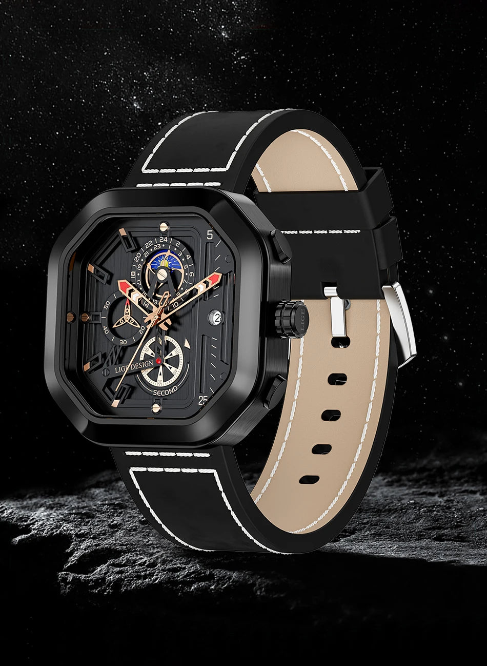 2025 LIGE Business Leather Watch For Men Top Brand Luxury Mens Watches Waterproof Quartz Wrsitwatch 24 Hours Moon Phase Clock