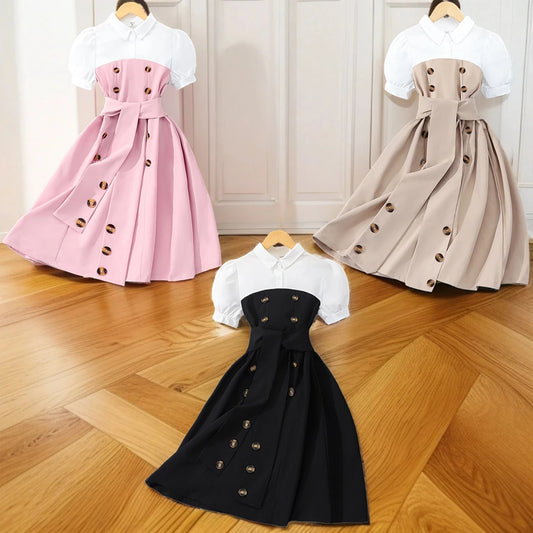 Kids Girls Clothing Summer Short Sleeve Montage Contrasting Colors Children Dress Casual Fashion Youth Girls Dress 13-16 Years