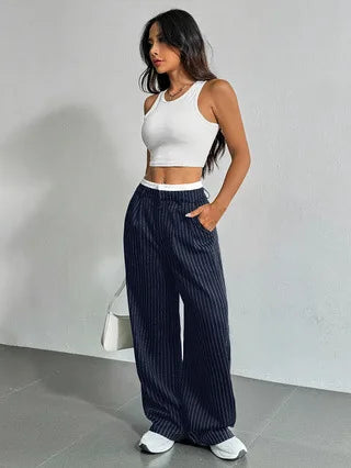 Fashion Pants Women's Stripe Straight Pants 2024 Autumn Winter High Waisted Casual Suit Pants Office Lady Women Trousers Bottoms BAZAARHUBO