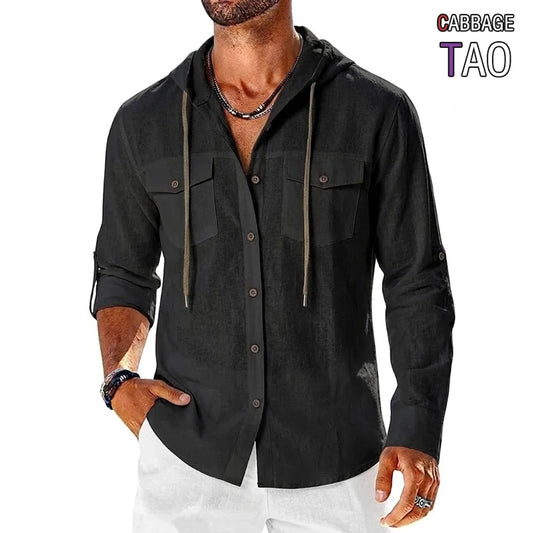 Mens Casual Cotton Linen Henley Shirt Long Sleeve T-shirt Lightweight Hooded Top Button Beach Tee Hawaiian Shirts for Men