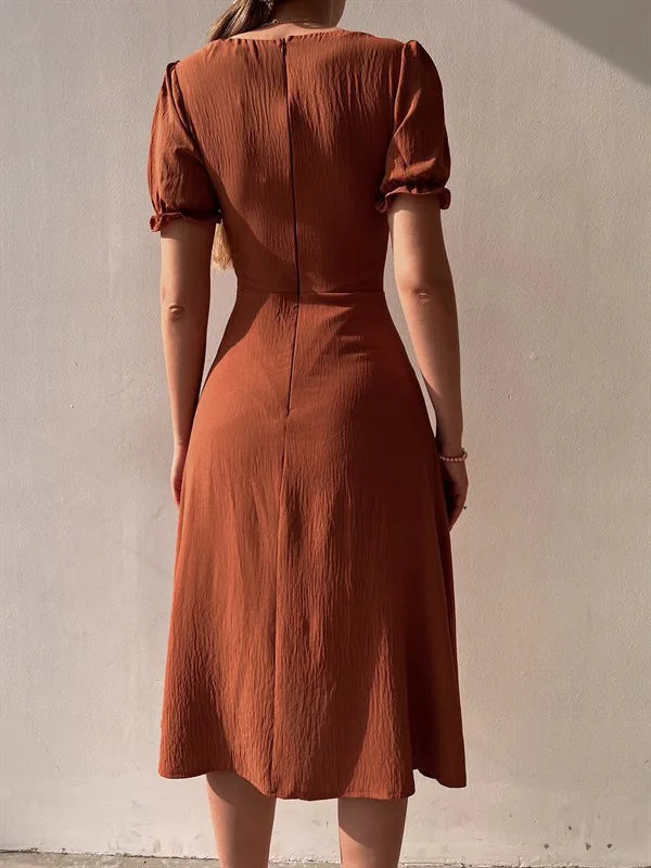2024 Summer Fashion Summer Skirt Holiday Style Sexy Women's Dress V-neck Single Breasted Shrugged Mid Length Dress