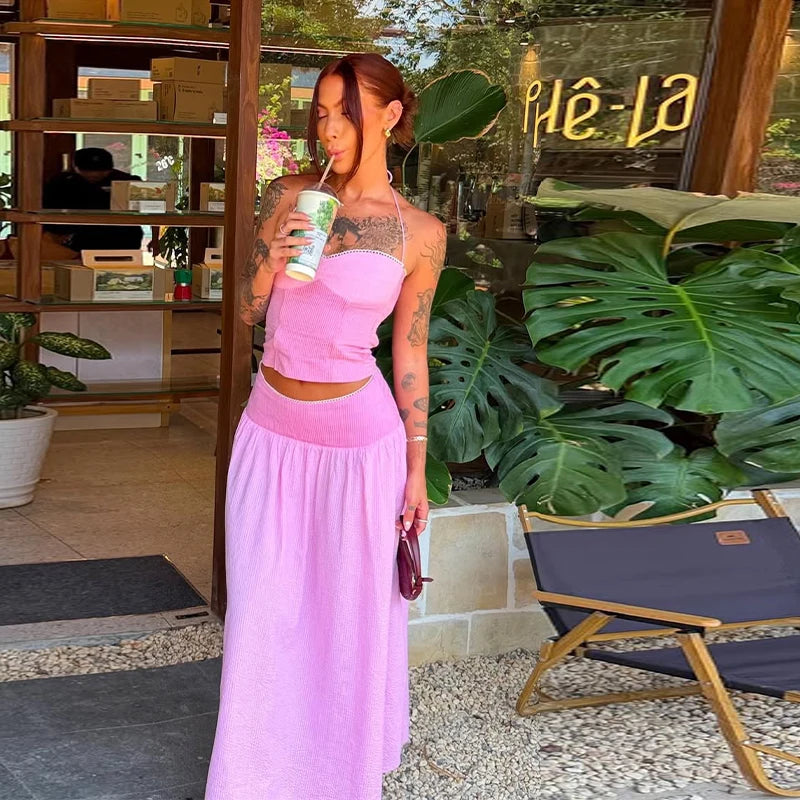 Chic Striped Women's Vest Pant Suits Sleeveless Slim Halter Top Wide Leg Pants Lady Set 2026 Summer Vacation 2 Piece Set Women