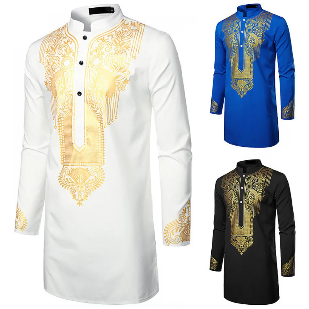 Men's Traditional African Shirt Print Golden Flowers Long Sleeve Shirt Ethnic Casual Outfits Wedding African Streetwear
