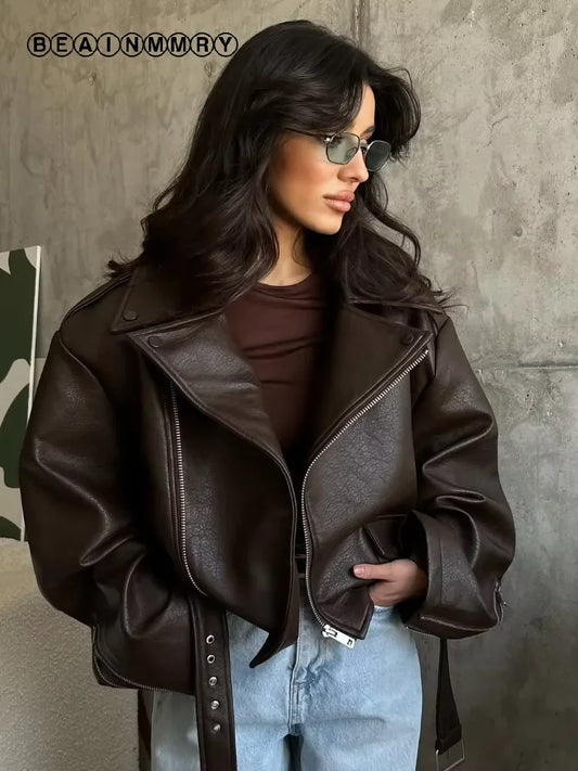 Casual Dark Red  Zipper Leather Short Jackets Women Long Sleeve Lace Up Lapel Loose Button Coat Lady Daily High Street Wear 2026