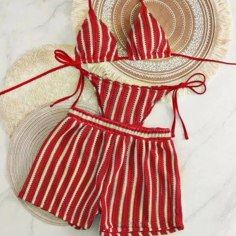 Casual Stripes 3 in 1 Swimwear Set Sleeveless Slim Fit Bikini Bathing Suit Lace Up Deep-V Knitting Swimsuit Beach
