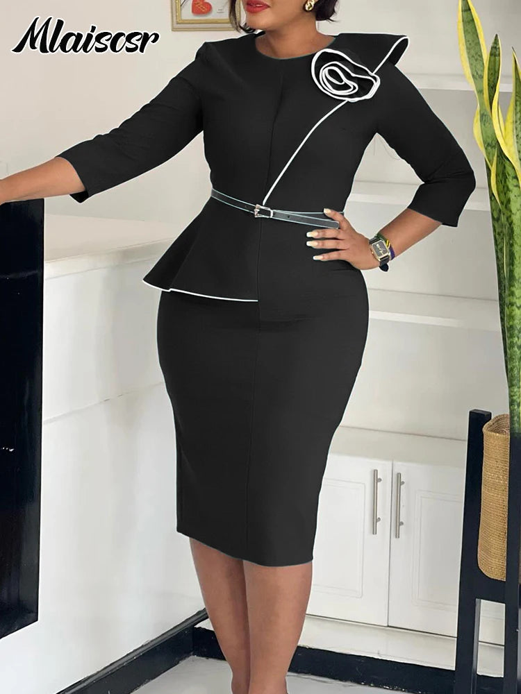 Mlaiscsr Fashion African Mid Dresses with Belt Women 3D Flowers 3/4 Sleeve O-neck Party Evening Office Lady Bodycon Vestidos