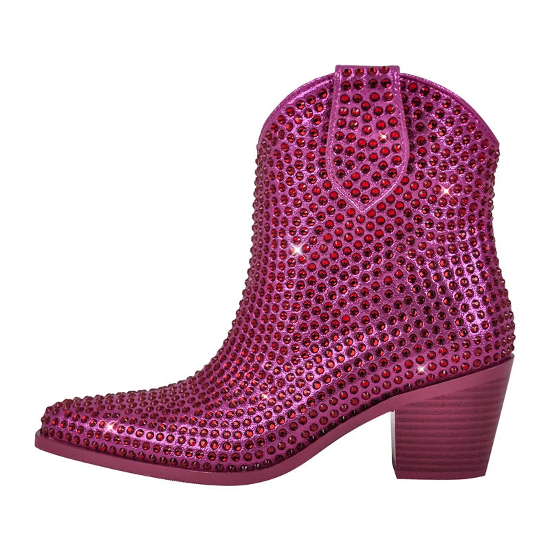 Onlymaker Pointed Toe Rhinestone Ankle Boots Glitter Bling Shiny Super Pretty Gorgeous Artificial Diamond Westen Cowgirl  Boots